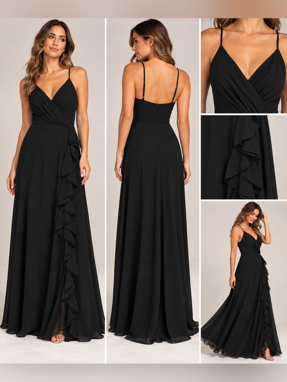 Faeriesty Black Ruffle Wrap Maxi Formal Dress XL Adjustable Straps